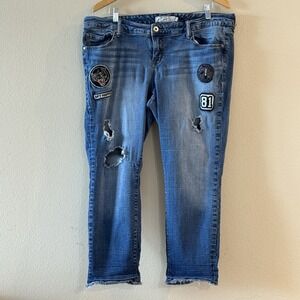 Patch Distressed Cropped Jeans Torrid Size 18 Raw Hem Stretch Denim Blue